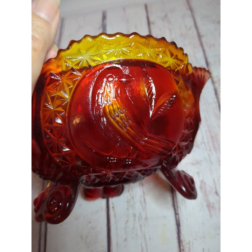 Rare Vintage Hofbauer Byrdes Ruby Red Glass 3 Footed Birds Candy Dish No Lid - Picture 5 of 7